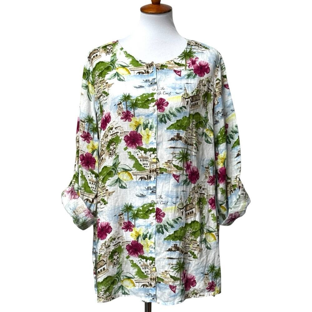 Cynthia Rowley Linen Blouse Women’s 2X Almalfi Coast Italy Floral Button Tunic